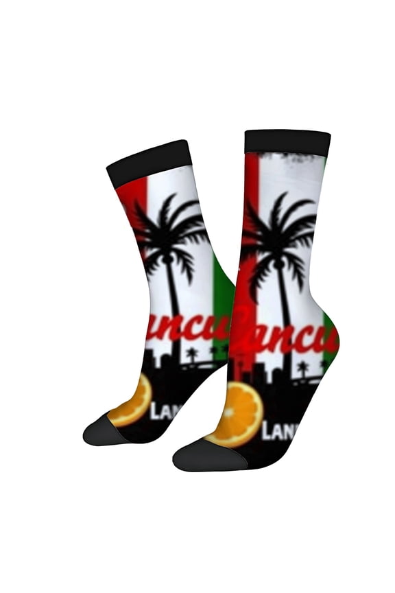 Four Seasons Universal Socks - 2 Pairs Unisex Trendy Socks with Palm Tree Silhouette ' Lanciana ' Text and Flag Pattern Design