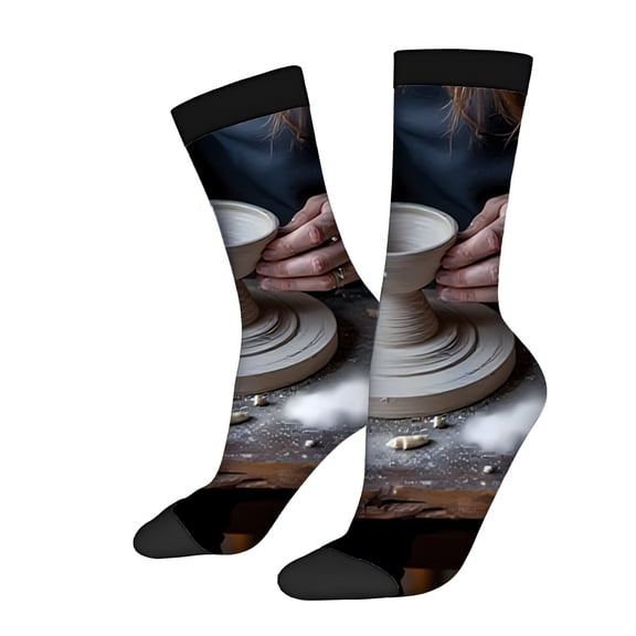 Four Seasons Universal Socks (2 Pairs) - Unisex Trendy Socks with Pottery Wheel Design Black & Gray Mixed Color Pattern Perfect for Art Lovers