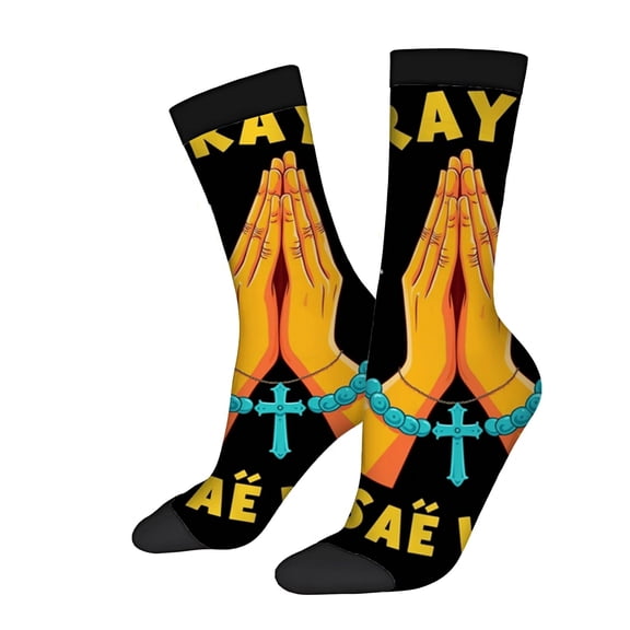 Four Seasons Universal Socks - 2 Pairs Unisex Trendy Socks with Praying Hands Cross & Blue Design on Black Background