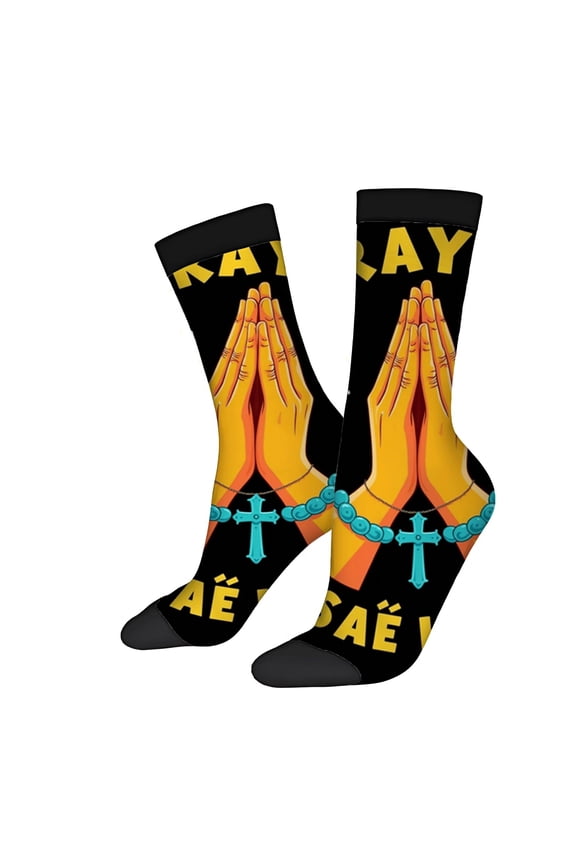 Four Seasons Universal Socks - 2 Pairs Unisex Trendy Socks with Praying Hands Cross & Blue Design on Black Background