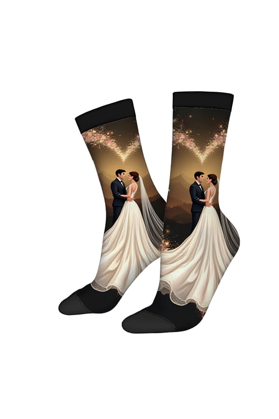 Four Seasons Universal Socks - 2 Pairs Unisex Trendy Socks with Romantic Bride Illustration on Black Base Perfect for Weddings