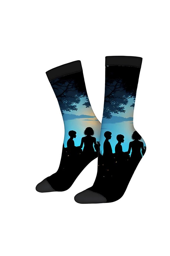 Four Seasons Universal Socks (2 Pairs) - Unisex Trendy Socks with Scenic Silhouette Design Sunset Gradient & Nature Elements