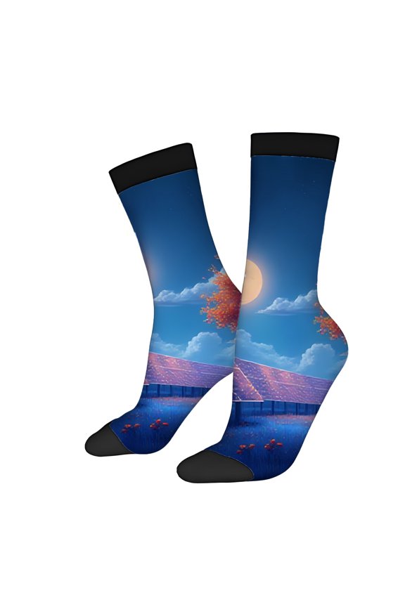 Four Seasons Universal Socks (2 Pairs) - Unisex Trendy Socks with Serene Nighttime Landscape Glowing Moon Solar Panels & Red Flowers Design