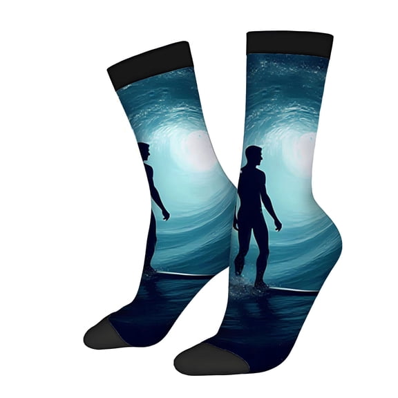 Four Seasons Universal Socks - 2 Pairs Unisex Trendy Socks with Serene Ocean Scene Surfer Silhouette & Ethereal Wave Design