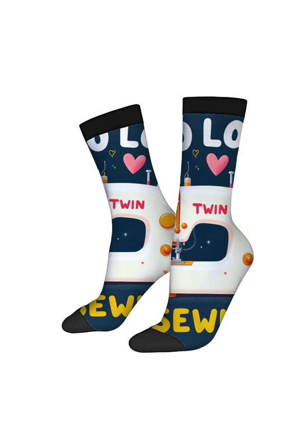 Four Seasons Universal Socks - 2 Pairs Unisex Trendy Socks with Sewing Machine Design Hearts and ' LOVE ' on Dark Blue Background