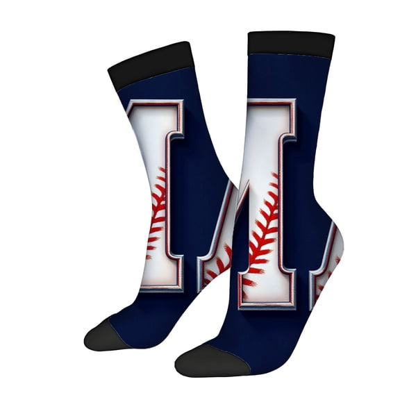 Four Seasons Universal Socks - 2 Pairs Unisex Trendy Socks with Sporty Baseball ' M ' Design on Navy Blue Background