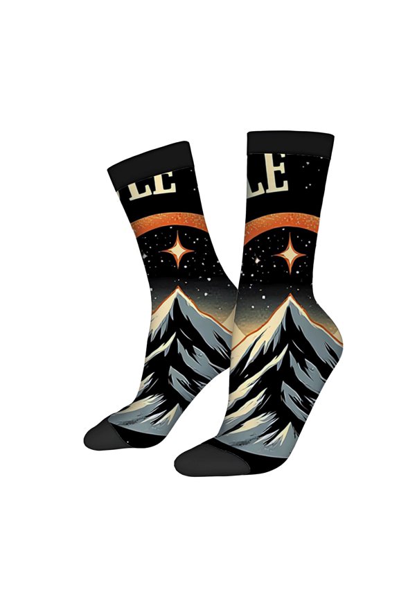 Four Seasons Universal Socks - 2 Pairs Unisex Trendy Socks with Starry Night Sky & Snow - Capped Mountains Design Black Base