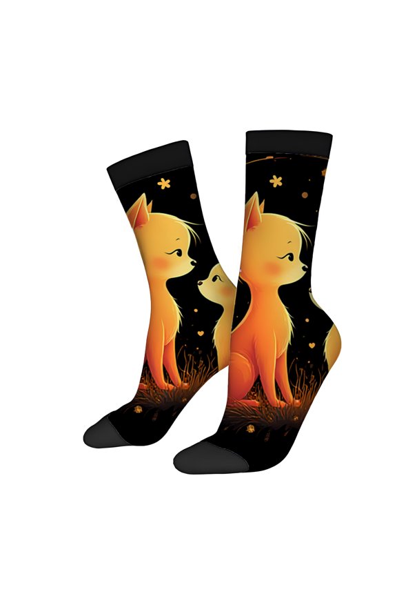 Four Seasons Universal Socks (2 Pairs) - Unisex Trendy Socks with Vibrant Black Fox Motif Abstract Shapes & Glowing Particles Mixed Color Design
