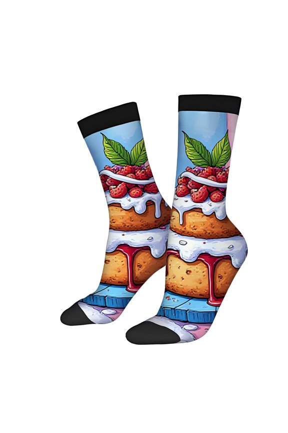 Four Seasons Universal Socks (2 Pairs) - Unisex Trendy Socks with Vibrant Cake Design Dripping Icing & Bright Blue Background Mixed Color Fun