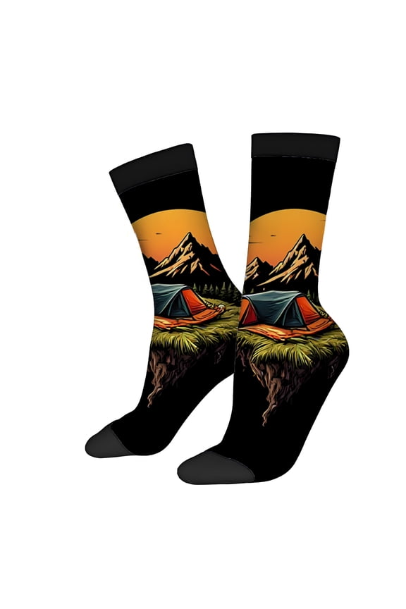 Four Seasons Universal Socks (2 Pairs) - Unisex Trendy Socks with Vibrant Camping Scene Design Featuring Tent Trees and Sunset Over Mountains