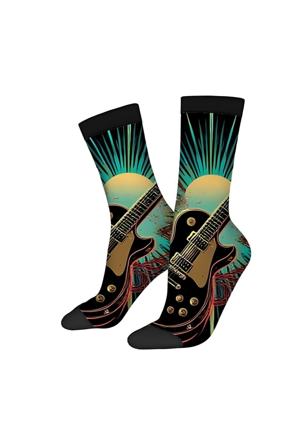 Four Seasons Universal Socks (2 Pairs) - Unisex Trendy Socks with Vibrant Electric Guitar Design and Colorful Sound Wave Patterns