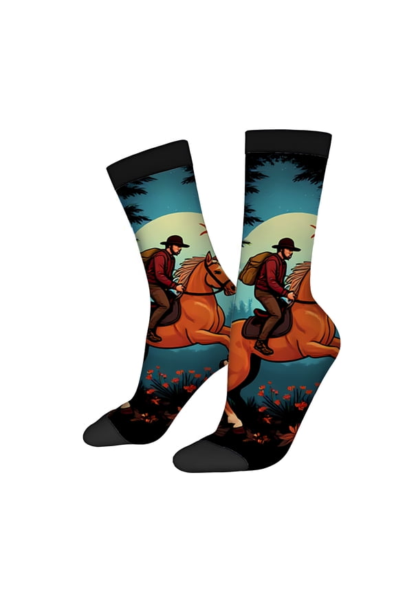 Four Seasons Universal Socks (2 Pairs) - Unisex Trendy Socks with Vibrant Horse in Motion Design Night Forest Scene Full Moon Glow Mixed Colors
