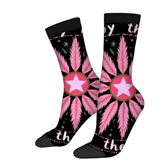 Four Seasons Universal Socks - 2 Pairs Unisex Trendy Socks with Vibrant Pink Feather Pattern Stars and Cursive ' Thank ' Design
