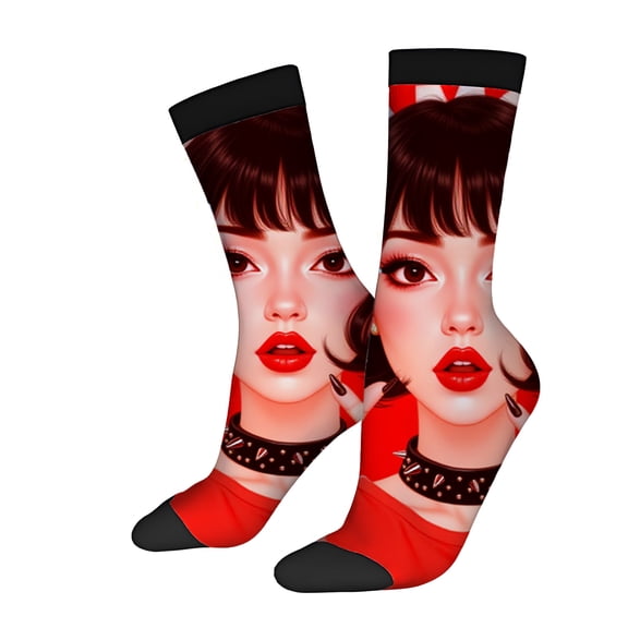 Four Seasons Universal Socks - 2 Pairs Unisex Trendy Socks with Vibrant Red & Black Design Featuring Stylish Illustrated Woman