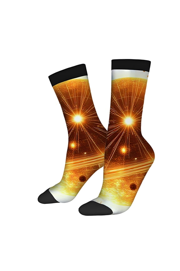 Four Seasons Universal Socks (2 Pairs) - Unisex Trendy Socks with Vibrant Sun Surface Design Orange Background & Solar Mixed Color Pattern