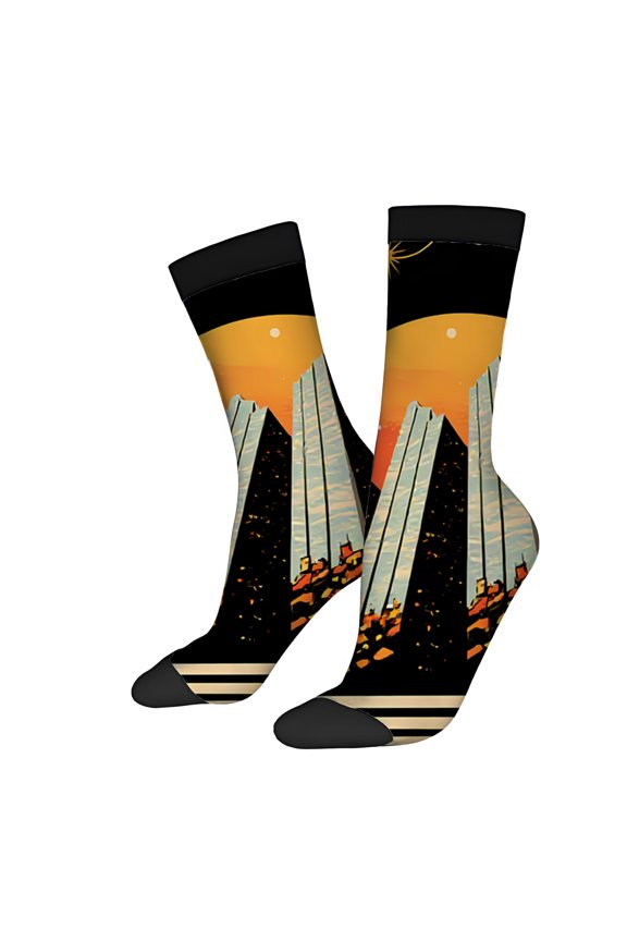 Four Seasons Universal Socks (2 Pairs) - Unisex Trendy Socks with Vibrant Sunset Scene Futuristic Mountains & Star Design Mixed Colors