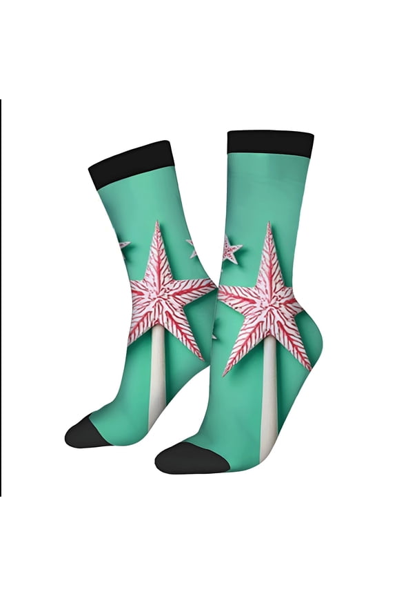 Four Seasons Universal Socks - 2 Pairs Unisex Trendy Socks with Vibrant Turquoise Red & White Star and Candy Patterns