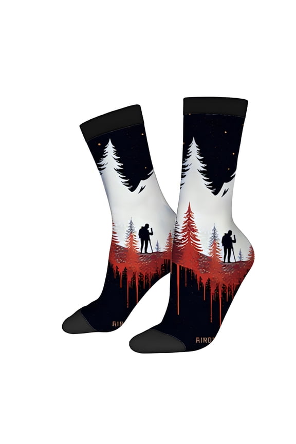 Four Seasons Universal Socks (2 Pairs) - Unisex Trendy Socks with White Pine Trees Dripping Red Orange Dots on Black Background