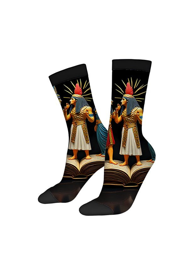 Four Seasons Universal Socks (2 Pairs) - Vibrant Ancient Design on Black Background Unisex Trendy Mixed Color Socks with Golden and Red Accents