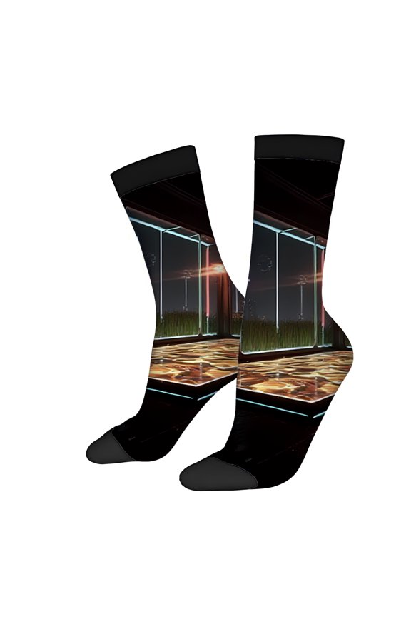 Four Seasons Universal Socks (2 Pairs) - Vibrant Basketball Court Design Unisex Trendy Mixed Color Socks for All Seasons Night Scene with City Skyline