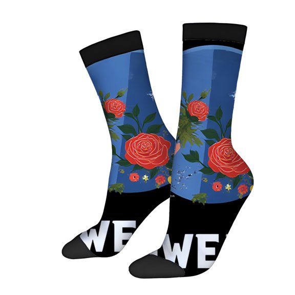 Four Seasons Universal Socks (2 Pairs) - Vibrant Blue Background with Green Leaves Pink Flowers & Colorful Circles - Unisex Trendy Mixed Color Socks with Black Cuffs & Soles