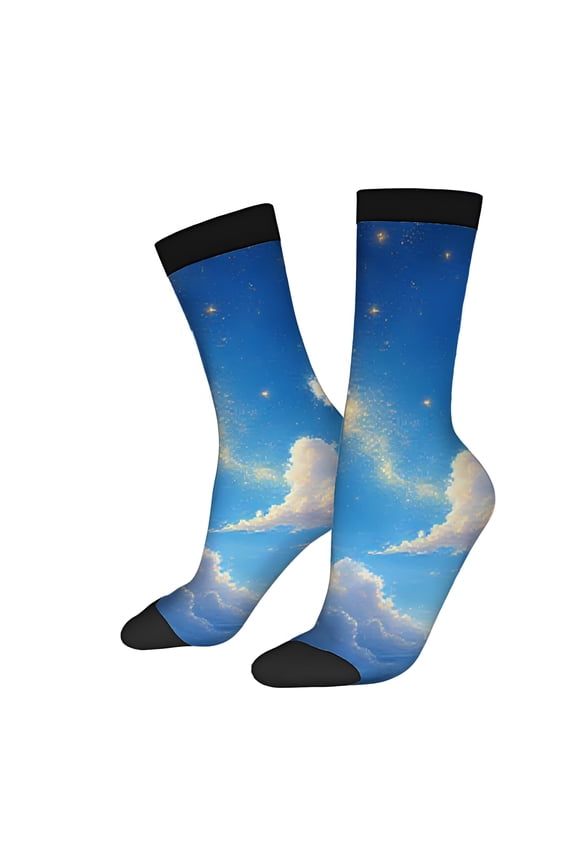 Four Seasons Universal Socks (2 Pairs) - Vibrant Blue Sky with Fluffy Clouds & Golden Stars Unisex Trendy Mixed Color Design Soft Comfortable Casual Wear
