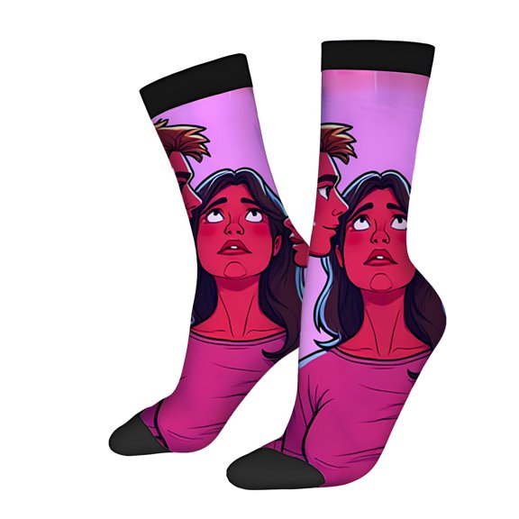 Four Seasons Universal Socks (2 Pairs) - Vibrant Cartoon Design with Gradient Pink & Purple Background Unisex Trendy Mixed Color Socks with Black Toe Cuffs