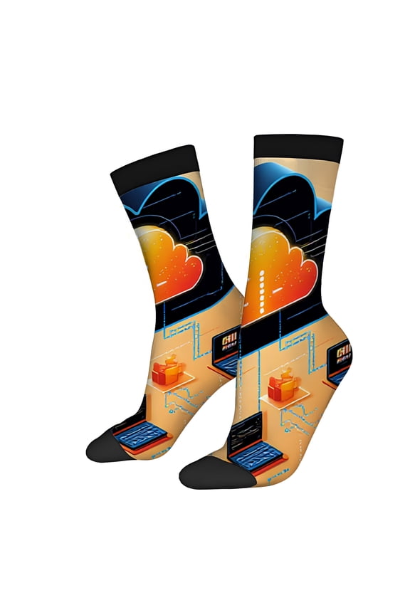 Four Seasons Universal Socks (2 Pairs) - Vibrant Cloud Design with Tech-Inspired Laptop Pattern Unisex Trendy Mixed Color Socks