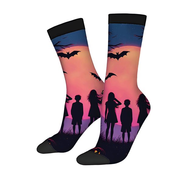 Four Seasons Universal Socks (2 Pairs) - Vibrant Colorful Design with Silhouettes Sunset Sky and Glowing Eye - Unisex Trendy Socks