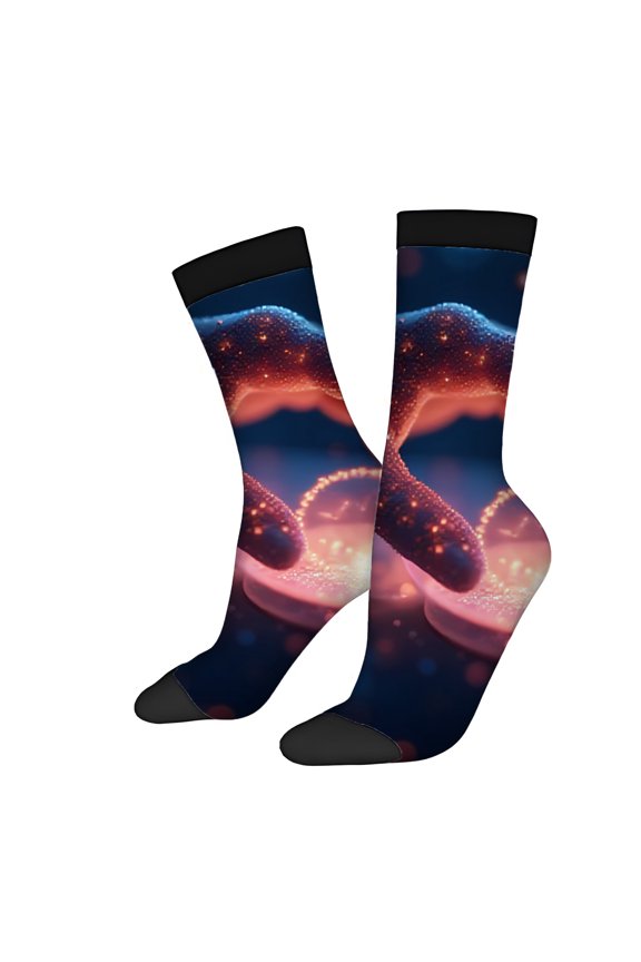 Four Seasons Universal Socks (2 Pairs) - Vibrant Cosmic Design Mixed Color Unisex Trendy Socks with Glowing Particles and Abstract Shapes