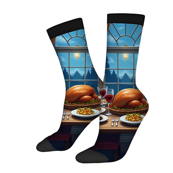 Four Seasons Universal Socks (2 Pairs) - Vibrant Dining Table Design Cozy Indoor Atmosphere Unisex Trendy Mixed Color Socks for Relaxed Dining Experience