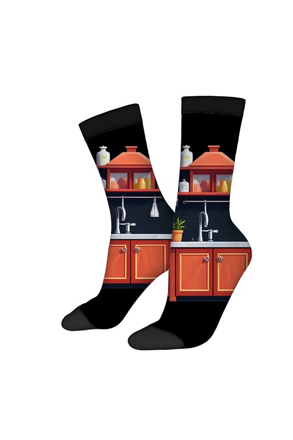 Four Seasons Universal Socks (2 Pairs) - Vibrant Kitchen Scene Design Unisex Trendy Mixed Color Socks with Potted Plants and Fruits Perfect for Any Occasion