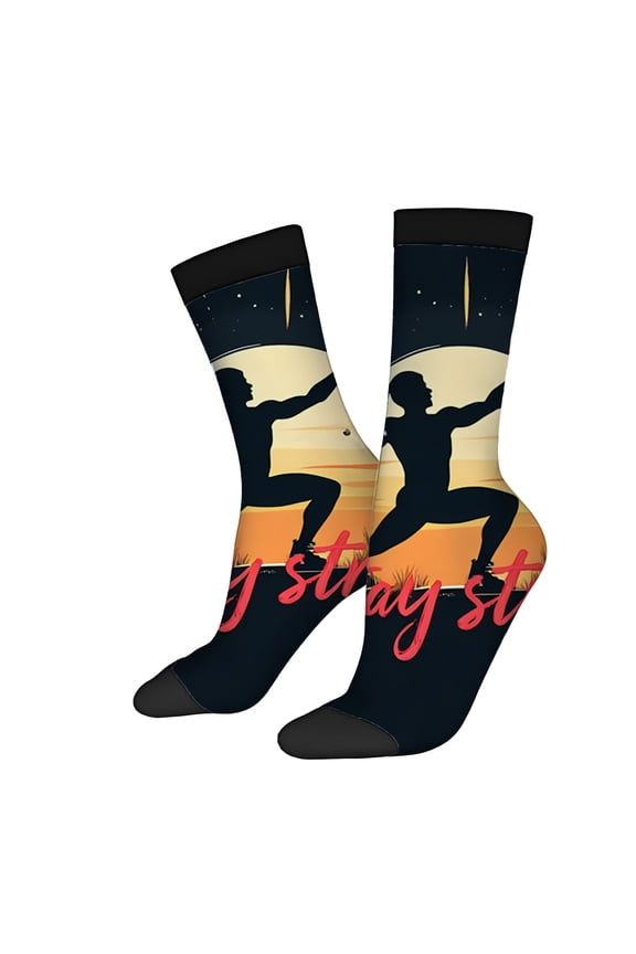 Four Seasons Universal Socks (2 Pairs) - Vibrant Mixed Color Design with Serene Sunset Silhouette Stars & Comet Unisex Trendy Socks with Motivational ' Stay ' Message