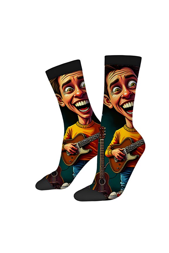 Four Seasons Universal Socks (2 Pairs) - Vibrant Mixed Color Design with Artistic Face & Guitars Unisex Trendy Fashion Socks