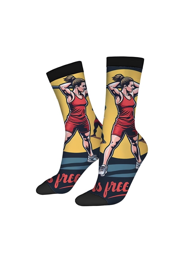 Four Seasons Universal Socks (2 Pairs) - Vibrant Mixed Color Design with Muscular Figure Lifting Barbell Unisex Trendy Socks for Fun and Motivation