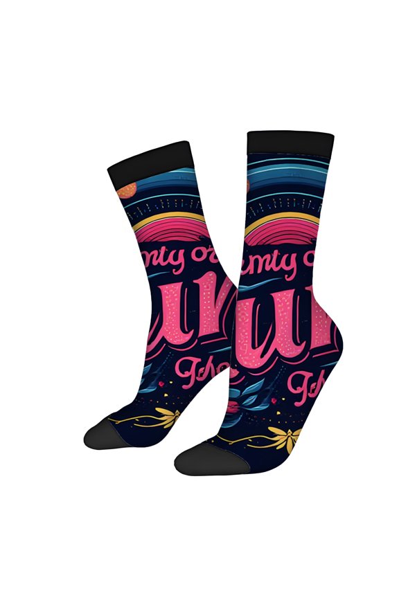 Four Seasons Universal Socks (2 Pairs) - Vibrant Mixed Color Design with Pink ' R ' Floral & Planet Elements Unisex Trendy Socks