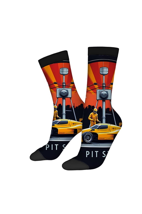 Four Seasons Universal Socks (2 Pairs) - Vibrant Mixed Color Design with Race Car & City Skyline Unisex Trendy Socks for All Seasons