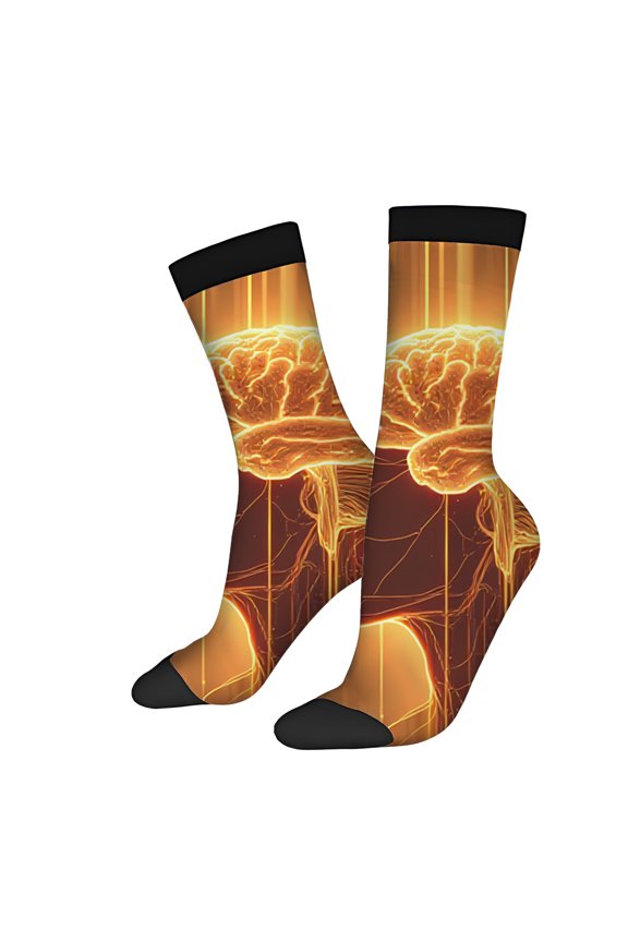 Four Seasons Universal Socks (2 Pairs) - Vibrant Mixed Color Design with Stylized Human Profile & Glowing Brain Unisex Trendy Socks for All Seasons