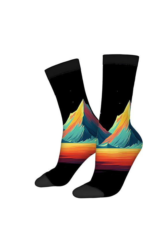 Four Seasons Universal Socks (2 Pairs) - Vibrant Mountain Landscape Design Under Starry Sky Unisex Trendy Mixed Color Socks