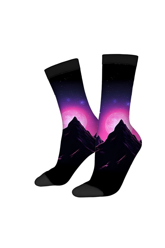 Four Seasons Universal Socks (2 Pairs) - Vibrant Night Sky Design with Stars & Mountains Unisex Trendy Mixed Color Socks for All Seasons