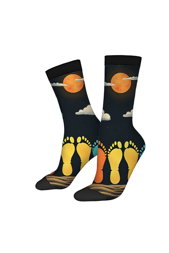 Four Seasons Universal Socks (2 Pairs) - Vibrant Night Sky & Sandy Terrain Design Unisex Trendy Socks with Colorful Footprints Mixed Colors Perfect for All Seasons