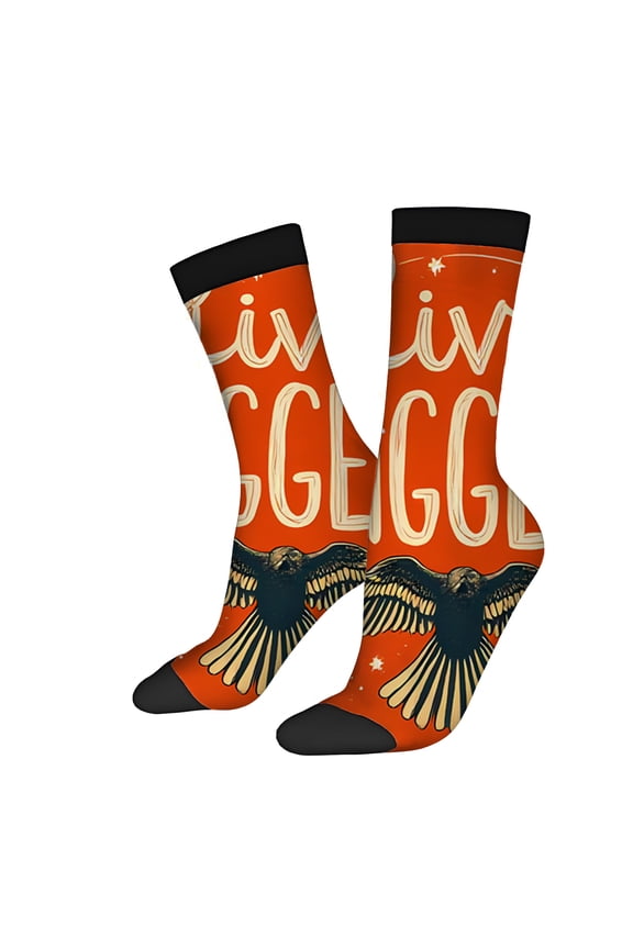 Four Seasons Universal Socks (2 Pairs) - Vibrant Orange with ' I BIG ' Text Black & Gold Bird Illustrations Unisex Trendy Mixed Color Design Perfect for All Seasons