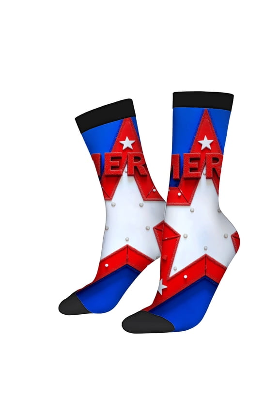 Four Seasons Universal Socks (2 Pairs) - Vibrant Patriotic Design with Red and White Stars on Blue Background Unisex Trendy Style