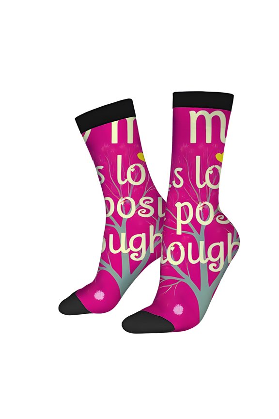 Four Seasons Universal Socks (2 Pairs) - Vibrant Pink Background with Cursive ' I Wish I Could ' Tree & Flower Design Unisex Trendy Mixed Color Socks
