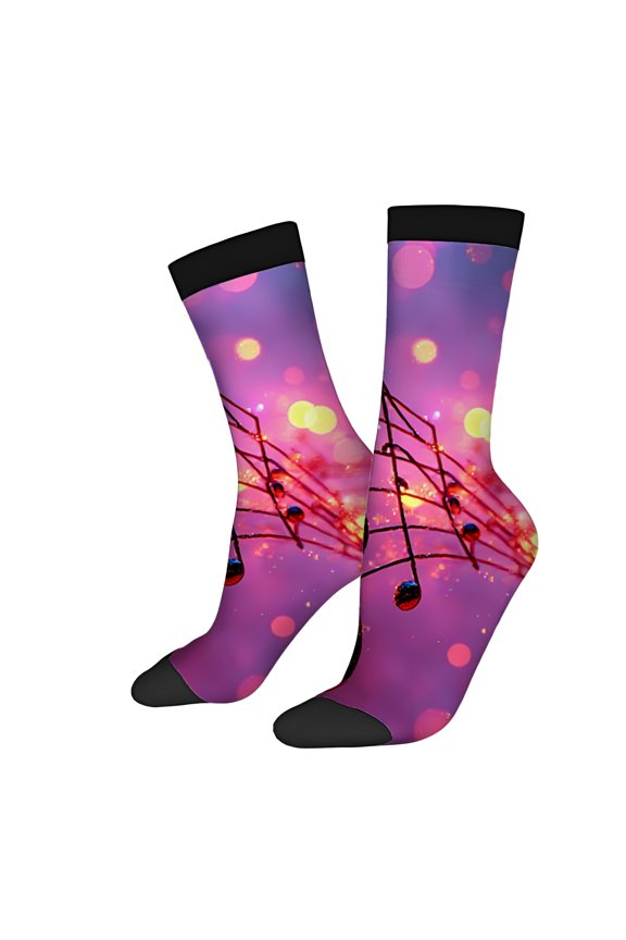 Four Seasons Universal Socks (2 Pairs) - Vibrant Pink & Purple Gradient with Musical Notes Unisex Trendy Mixed Color Design Perfect for Music Lovers