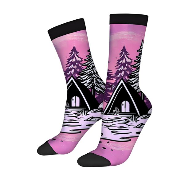 Four Seasons Universal Socks (2 Pairs) - Vibrant Pink & Purple Landscape Design with Cabin & Trees Unisex Trendy Mixed Color Socks