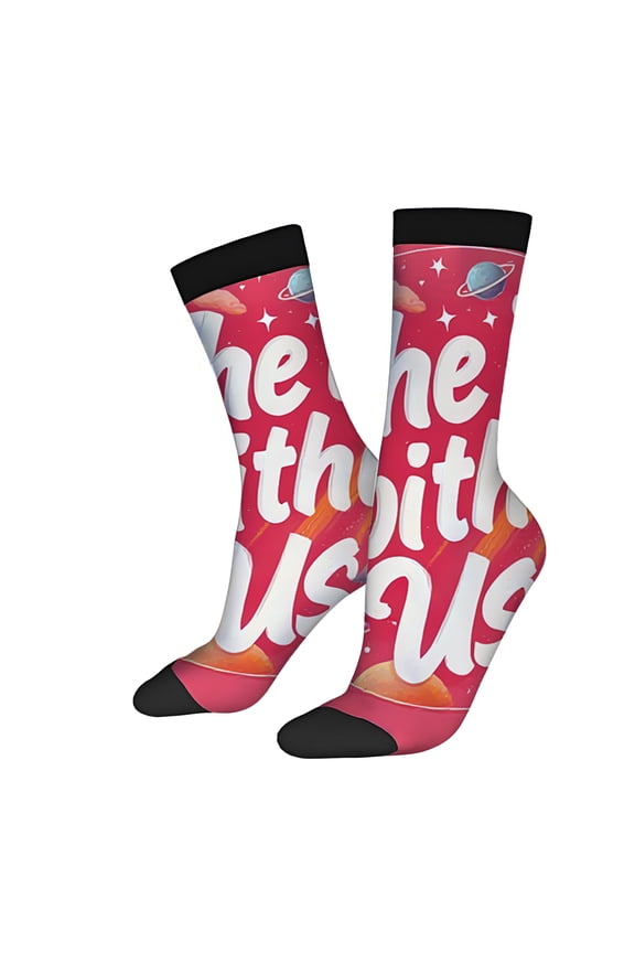 Four Seasons Universal Socks (2 Pairs) - Vibrant Red Cosmic Design with ' Thank You ' in Cursive Mixed Color Unisex Trendy Socks with Planets Stars & Clouds