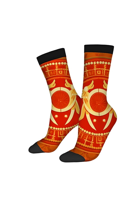 Four Seasons Universal Socks (2 Pairs) - Vibrant Red & Orange Design with Intricate Circular Motifs & Ancient Script - Unisex Trendy Mixed Color Socks with Black Cuffs