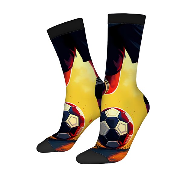 Four Seasons Universal Socks (2 Pairs) - Vibrant Soccer Theme Dynamic Yellow & Orange Design Unisex Trendy Mixed Color Socks with Player Motion & Contrast Toe