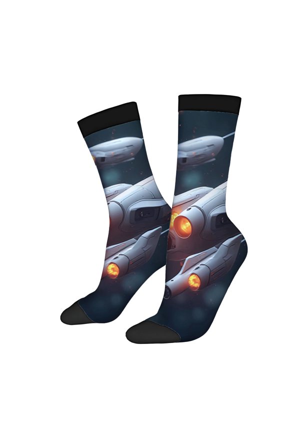Four Seasons Universal Socks (2 Pairs) - Vibrant Space-Themed Design with Futuristic Spacecrafts & Glowing Unisex Trendy Style